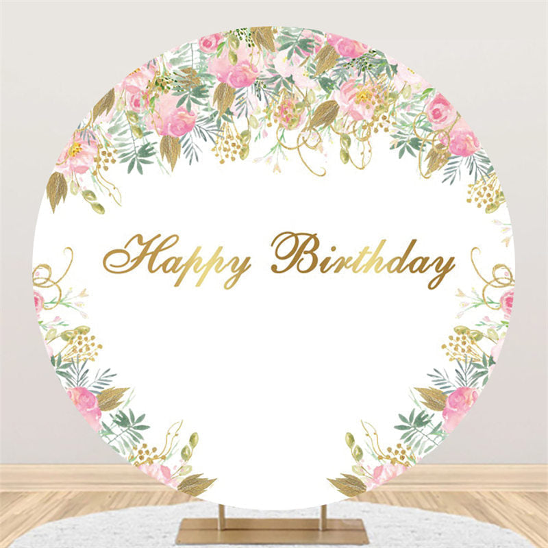 Lofaris Round Pink Flowers Golden Leaves Happy Birthday Backdrop