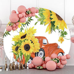 Lofaris Round Red Car Yellow Sunflower Happy Birthday Backdrop