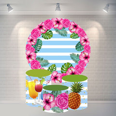 Lofaris Round Rose Blue White Stripes Happy Birthday Backdrop