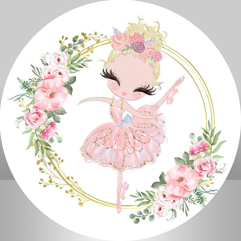 Lofaris Round White And Pink Floral Ballet Birthday Backdrop