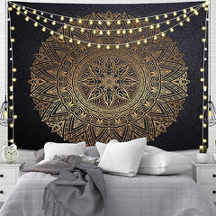 Lofaris Round Yellow Black Mandala Pattern Family Wall Tapestry