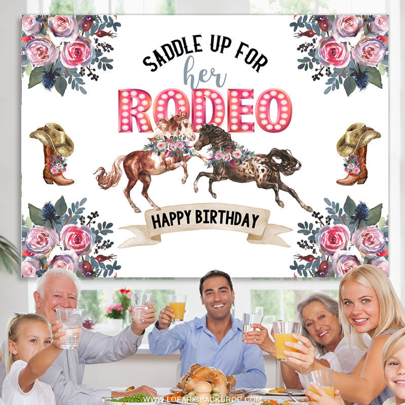 Lofaris Saddle Up Her Rodeo Horse Cowboy Happy Birthday Backdrop