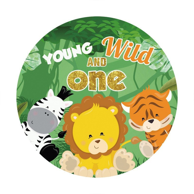 Lofaris Safari Green Forest Happy 1St Birthday Round Backdrop