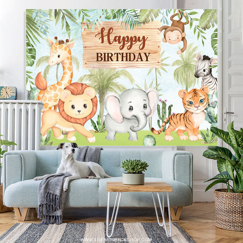 Lofaris Safari Little Animals Green Trees Birthday Backdorp