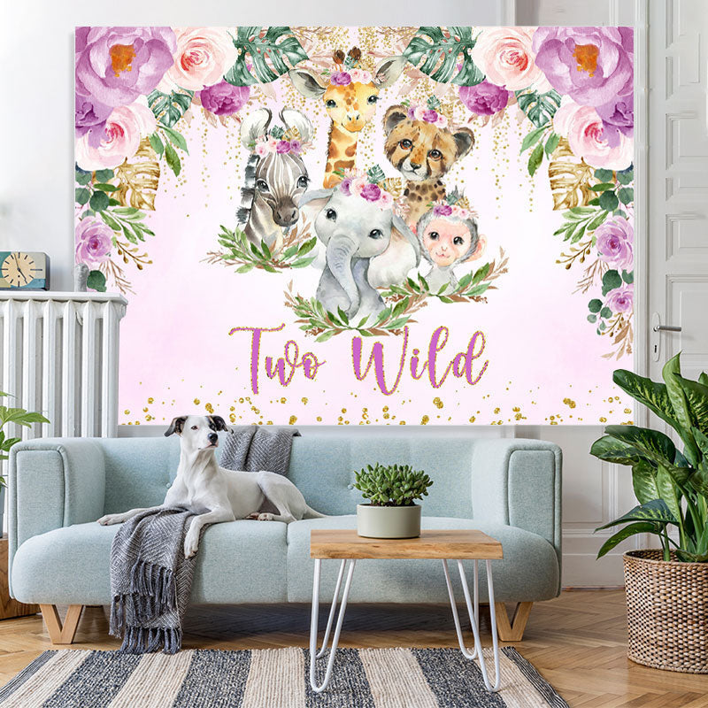 Lofaris Safaris Purple Glitter Themed Two Wild Birthday Backdrop