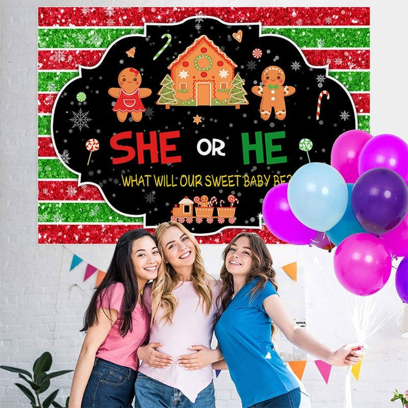 Lofaris She or He stripe Gingerbread Snow Baby Shower Backdrop