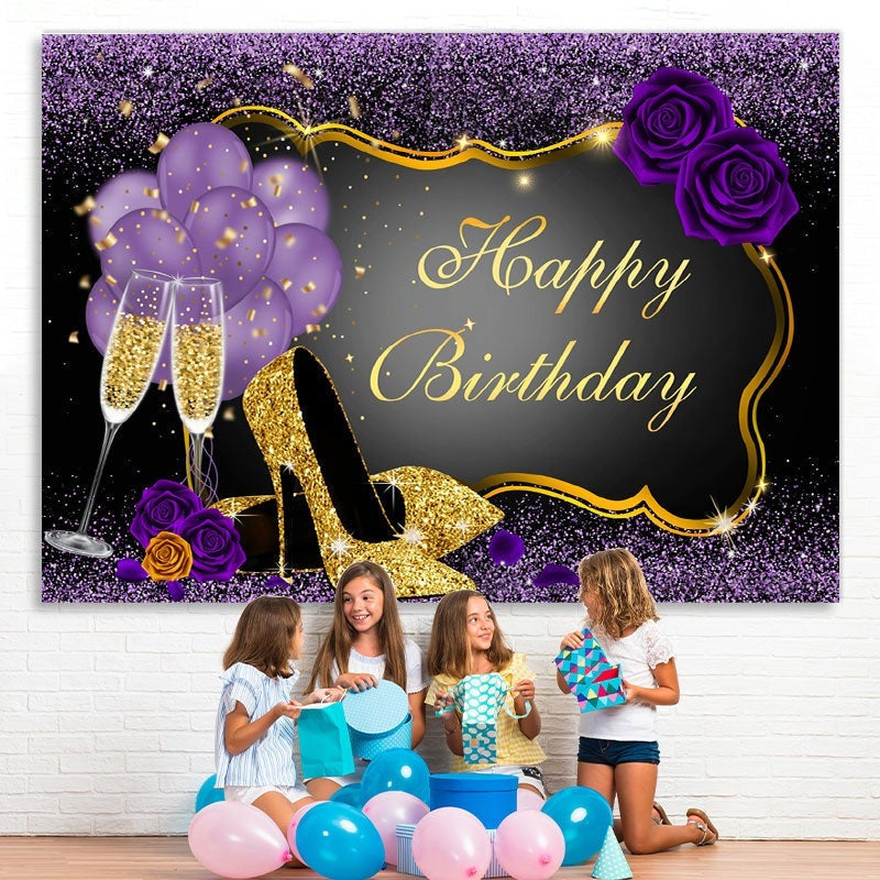 Lofaris Shiny Sequin High Heels Purple Rose Birthday Backdrop