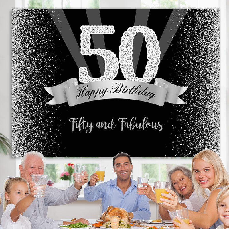 Lofaris Silver And Black Glitter Happy 50Th Birthday Backdrop