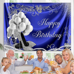 Lofaris Silver Balloon and Heels Blue Happy Birthday Backdrop