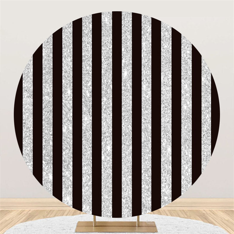 Lofaris Silver Black Stripe Theme Happy Birthday Round Backdrop