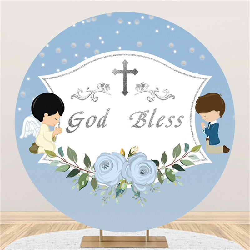 Lofaris Silver God Bless Blue Flower Birthday Round Backdrop
