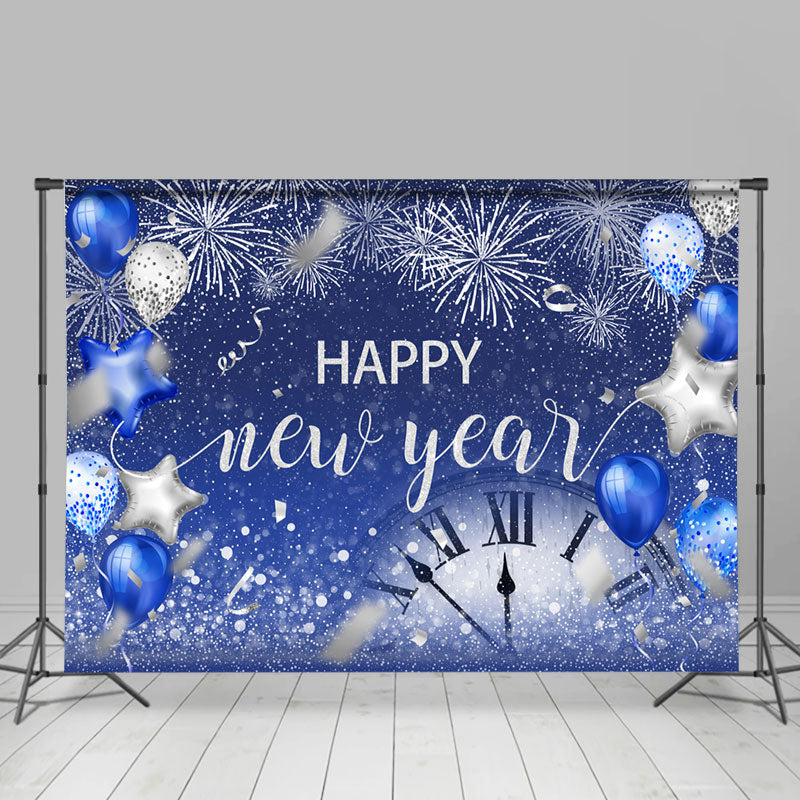 Lofaris Silver Navy Blue Balloon Happy New Year Backdrop