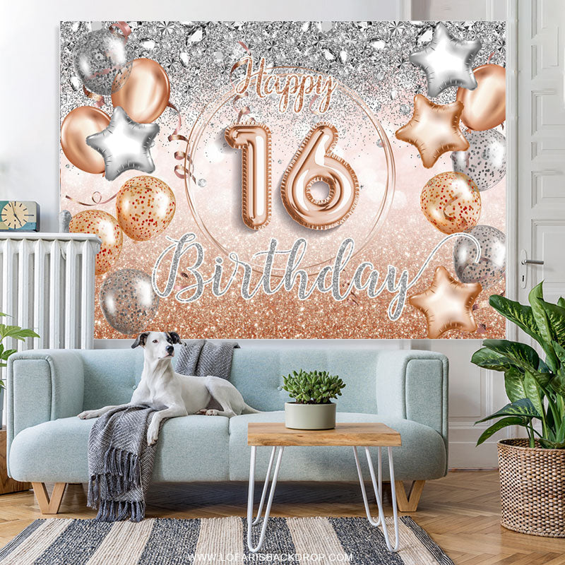 Lofaris Silver Rose Gold Balloon Happy 16Th Birthday Backdrop