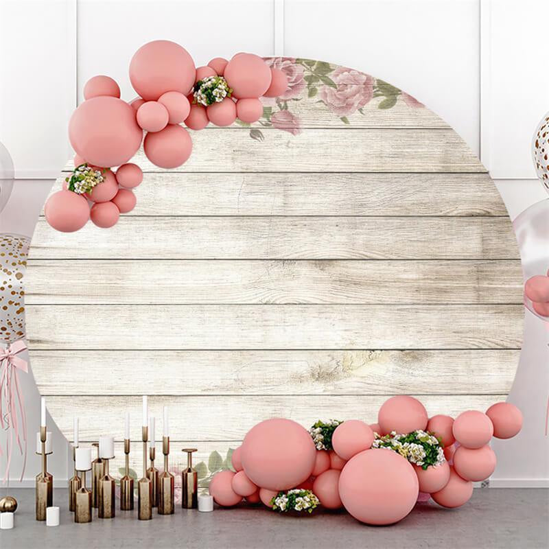 Lofaris Simple Beige Wood And Floral Custom Circle Baby Shower Backdrop