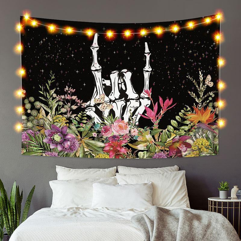 Lofaris Skull And Light Sky Floral Black White Custom Tapestry