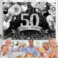 Lofaris Silver And Black Bokeh Glitter 50th Birthday Backdrop