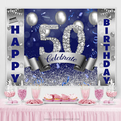 Lofaris Silver And Blue Bokeh Glitter Happy 50th Birthday Backdrop
