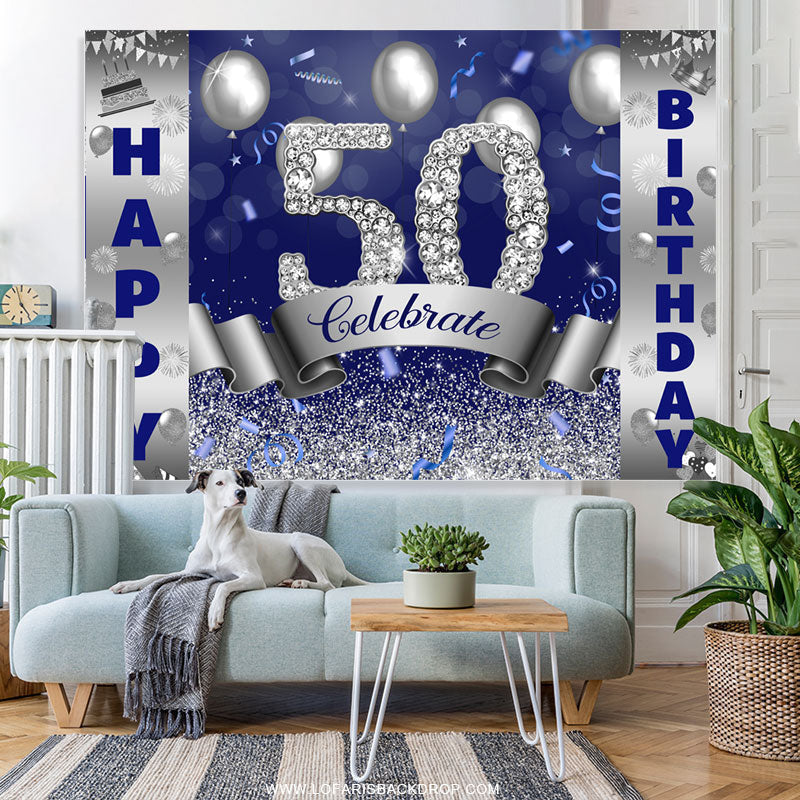 Lofaris Silver And Blue Bokeh Glitter Happy 50th Birthday Backdrop