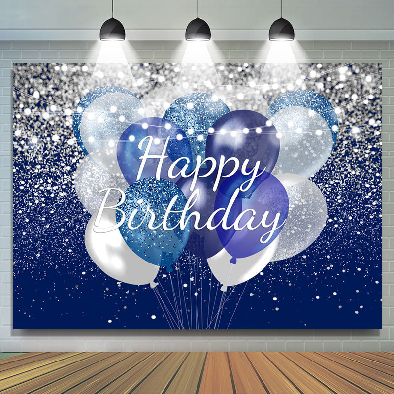 Glitter Silver and Navy Blue Happy Birthday Backdrop