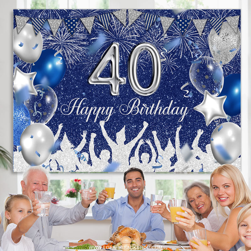 Lofaris Silver And Royal Blue Glitter Happy 40th Birthday Backdrop