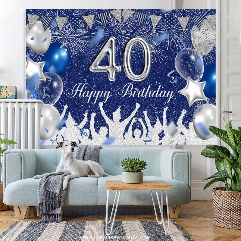 Lofaris Silver And Royal Blue Glitter Happy 40th Birthday Backdrop