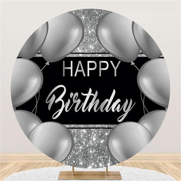 Lofaris Silver Ballon Glitter Round Happy Birthday Backdrop