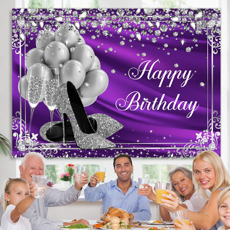 Lofaris Silver Balloon and Diamonds Purple Birthday Backdrop