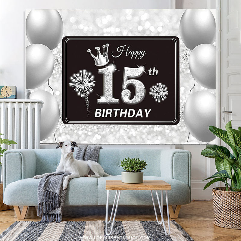 Lofaris Silver Balloons Bokeh Glitter 15th Birthday Backdrop