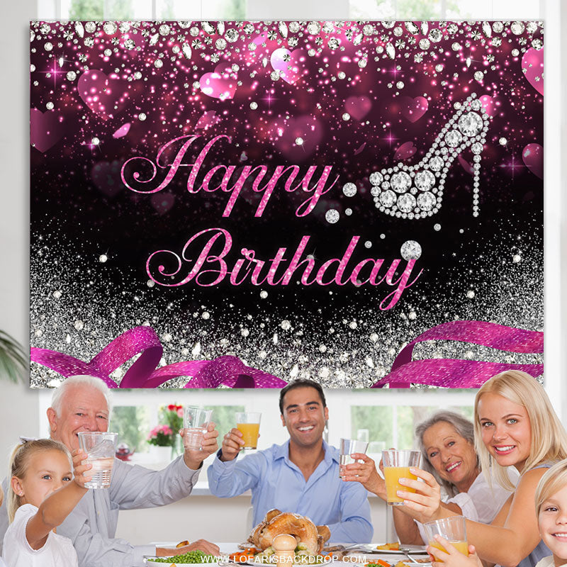 Lofaris Silver Bokeh Glitter Diamond Hot Pink Birthday Backdrop