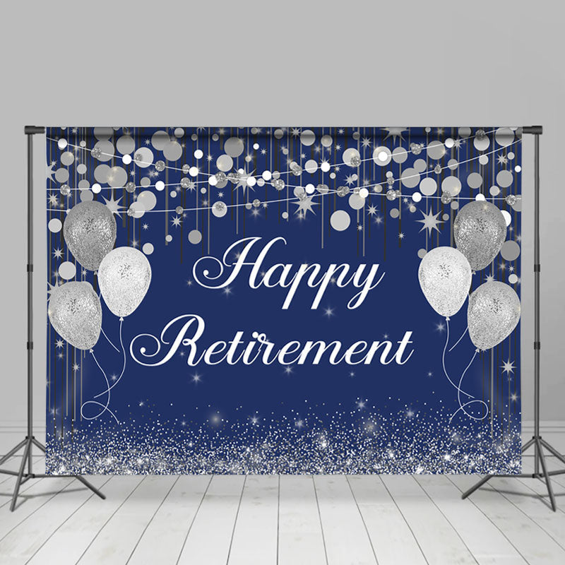 Lofaris Silver Glitter Balloon Blue Happy Retirement Backdrop