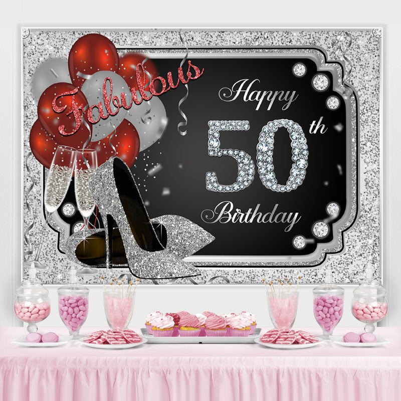 Lofaris Silver Glitter Happy 50th Birthday Heels Bolloon Party Backdrop