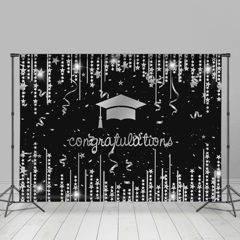 Lofaris Silver Glitter Star Congratulation Grad Black Backdrop