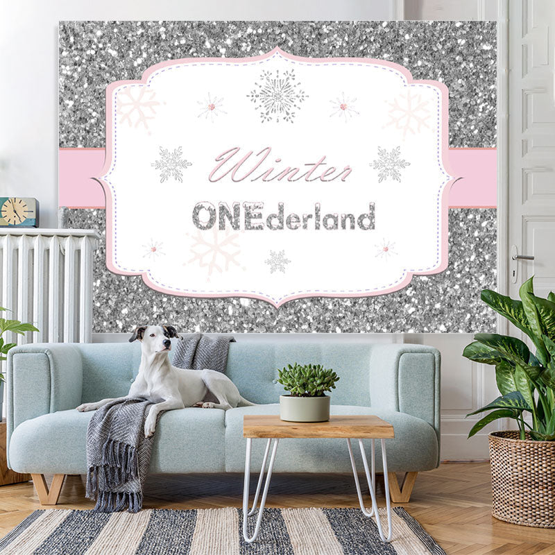 Lofaris Silver Pink Winter Onederland Snowflake Birthday Backdrop for Girl