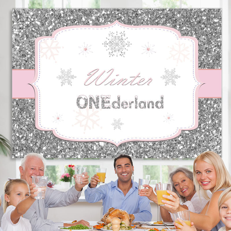 Lofaris Silver Pink Winter Onederland Snowflake Birthday Backdrop for Girl
