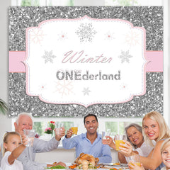 Lofaris Silver Pink Winter Onederland Snowflake Birthday Backdrop for Girl
