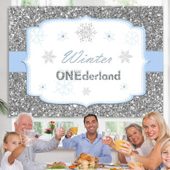Lofaris Silver Winter Onederland Snowflake Birthday Backdrop for kids