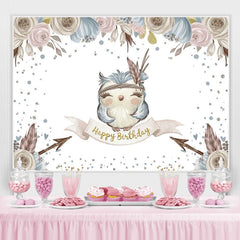 Lofaris Small blue owl flowers happy birthday photo Backdrop