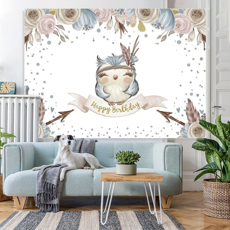 Lofaris Small blue owl flowers happy birthday photo Backdrop