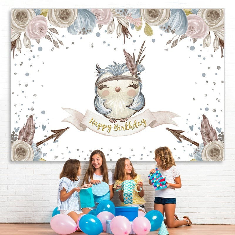 Lofaris Small blue owl flowers happy birthday photo Backdrop