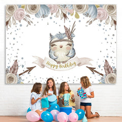 Lofaris Small blue owl flowers happy birthday photo Backdrop