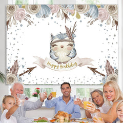Lofaris Small blue owl flowers happy birthday photo Backdrop
