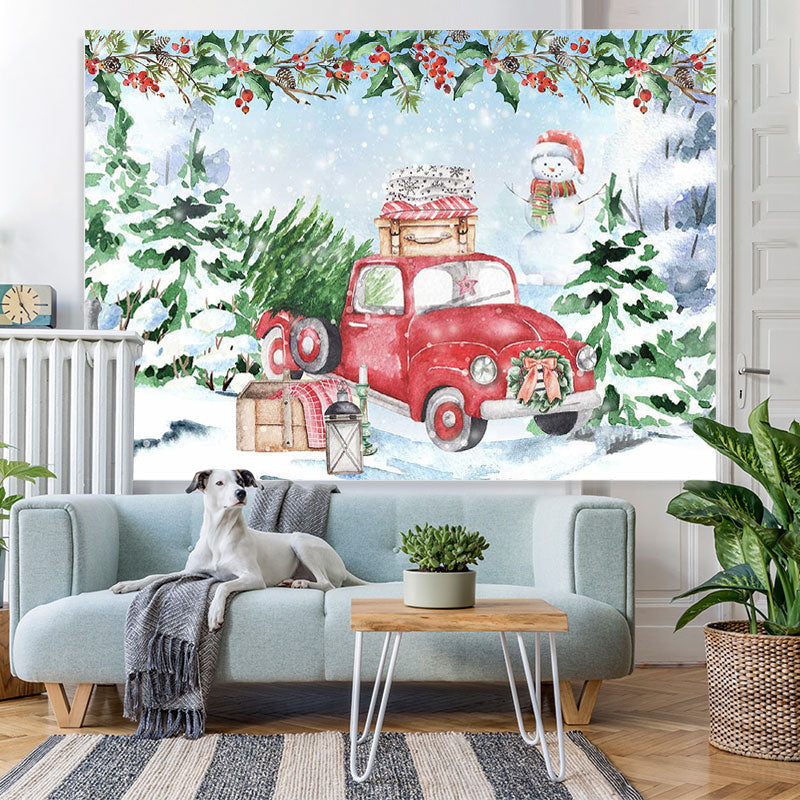 Lofaris Snow Christmas tree red car snowman backdrop