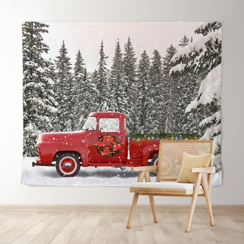 Lofaris Snow Forest Red Truck Winter Christmas Party Backdrop