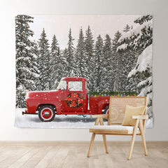 Lofaris Snow Forest Red Truck Winter Christmas Party Backdrop