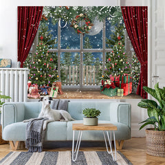 Lofaris Snowy Christmas Trees With Gifts Red Curtain Backdrop