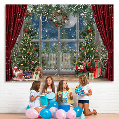 Lofaris Snowy Christmas Trees With Gifts Red Curtain Backdrop