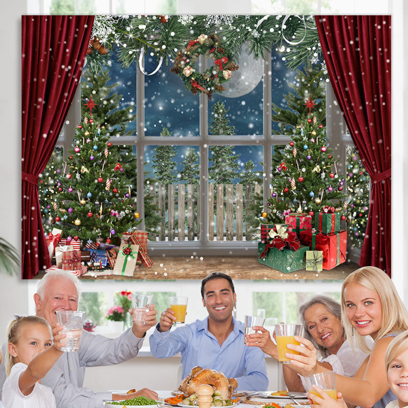Lofaris Snowy Christmas Trees With Gifts Red Curtain Backdrop