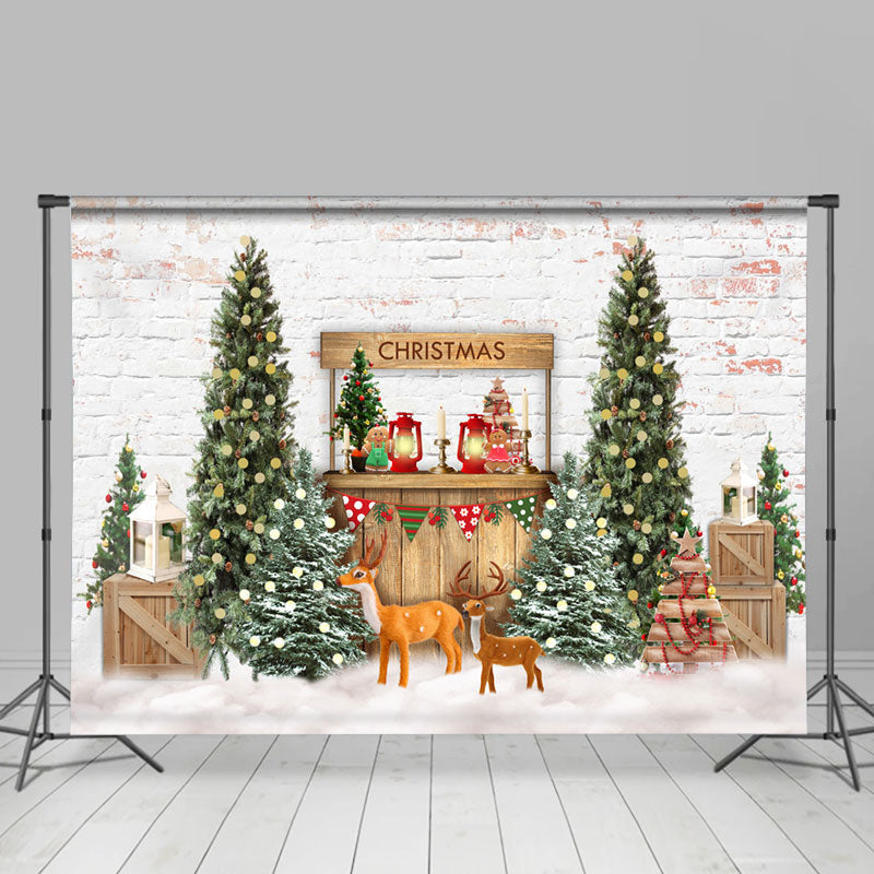 Lofaris Snowy White Winter With Christmas Tree Deer Backdrop