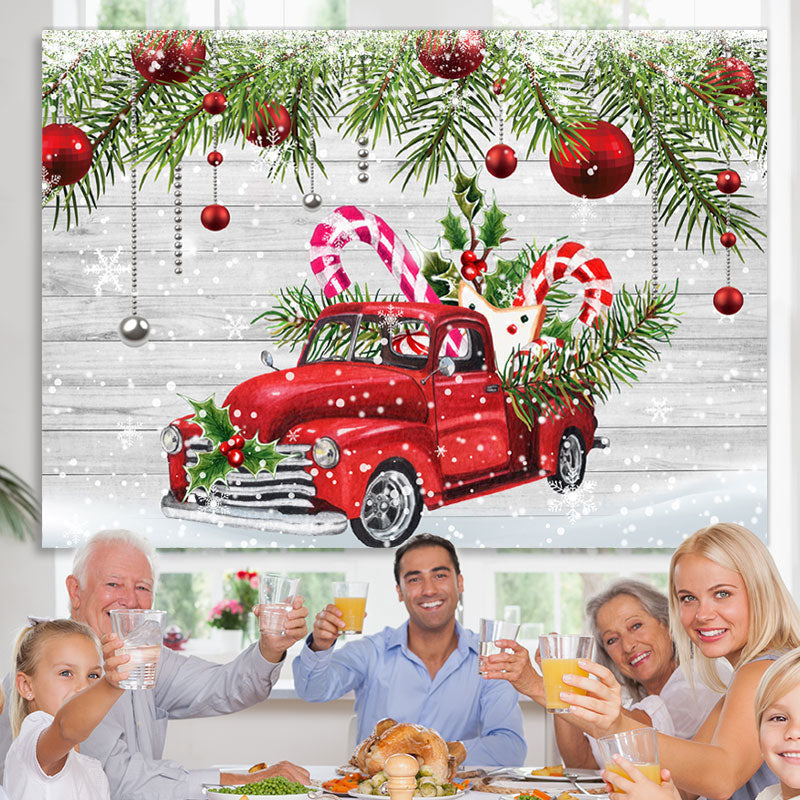 Lofaris Snowy Winter With Red Car And Gifts Christmas Backdrop
