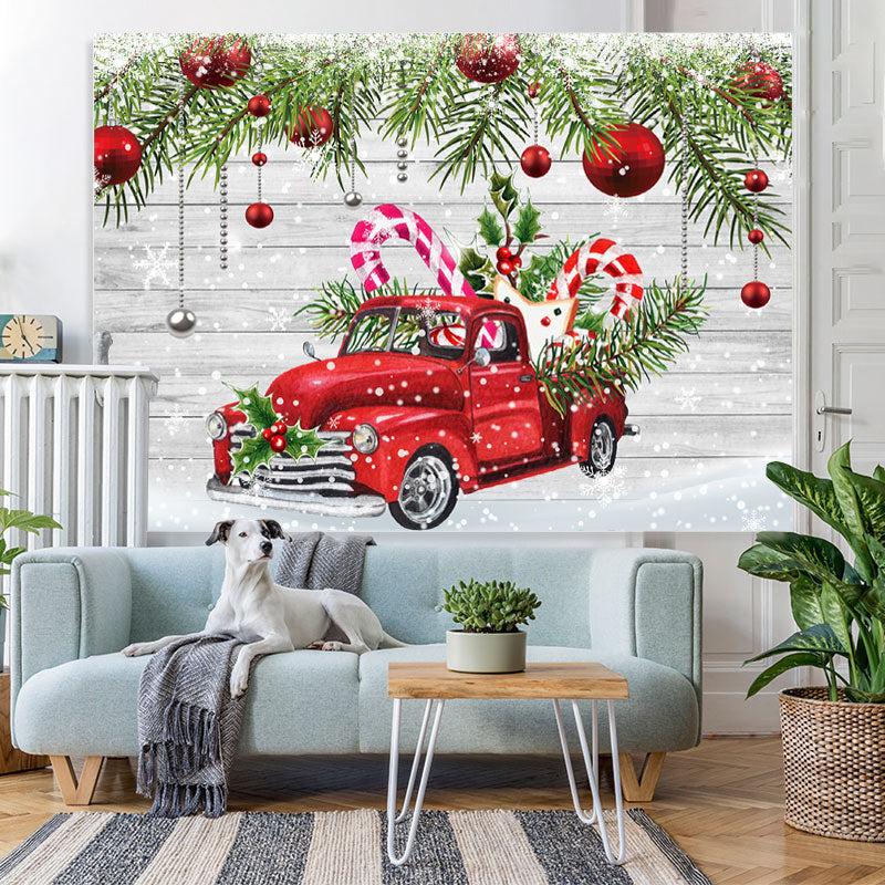 Lofaris Snowy Winter With Red Car And Gifts Christmas Backdrop